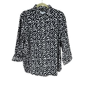 Chico’s Size 3 (US 16) Black White Abstract Print Button Front Shirt ¾ Sleeve